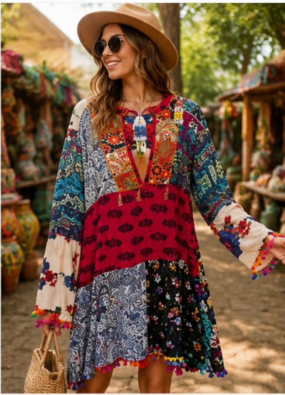 Anandas Collection Patchwork Boho Mini Dress NWT XXL Embroidered Pom Trim India